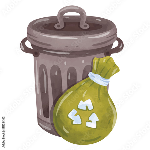 Trash bin vector illustration, trash can clip art, clip art trash can, trash clip art, garbage can clipart, garbage bag in hand drawn watercolor style, garbage bag illustration, garbage bin isolated o