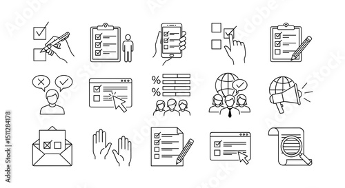 Vector survey and feedback icon set in thin line style including checklists, forms, and user interaction symbols on transparent background
