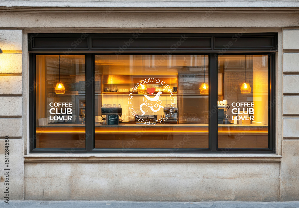 Coffee Shop Window Mockup with Warm Lights Stock Template | Adobe Stock