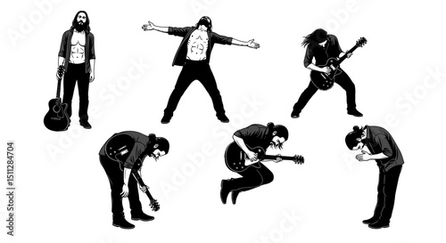 Rock Star Poses: A collection of six unique rock star poses, capturing different expressions and styles of a musician's performance. Each pose is distinct.