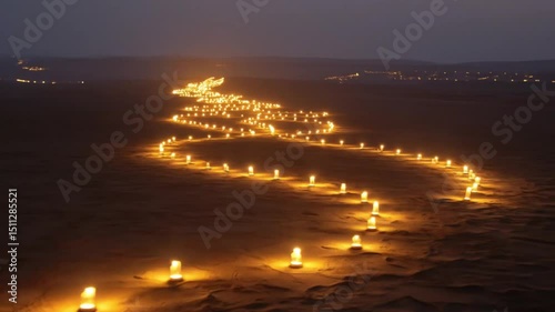 Orange sunset over the ocean with beautiful candles on the beach and in the sea, reflecting the evening light across the horizon