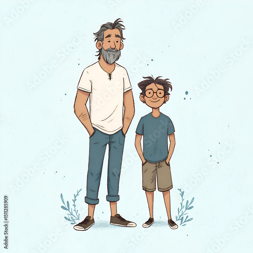 Father and Son Cartoon Illustration: A Fun and Creative Summer Bond with Casual Clothing, Smiling Characters in Nature, Celebrating Family Love, Happiness, and Togetherness Outdoors