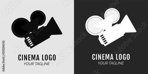 Minimalist cinema logo design with vintage film camera silhouette in black and white versions. Perfect for film production, movie branding, or video content creators.