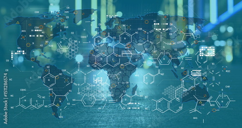 Image of graphs and chemical formulas over world map and night cityscape