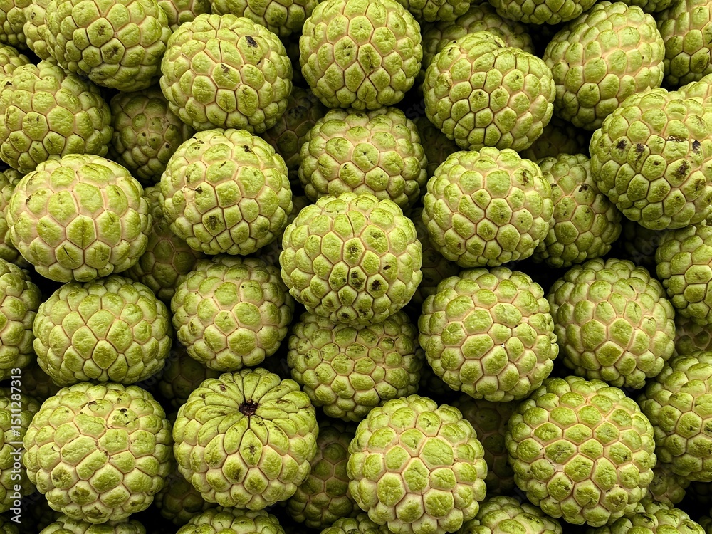 Obraz premium A vibrant, textured background of freshly harvested green custard apples. A concept of natural abundance and wholesome tropical fruit.