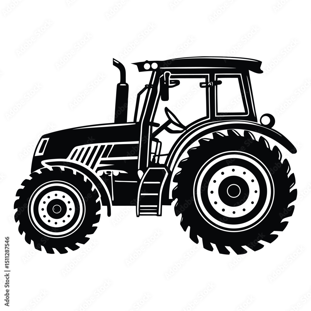 Obraz premium Silhouette of a tractor with large rear wheels and a cab, showcasing a classic farm vehicle in bold black outline, perfect for rural or agricultural themes. 