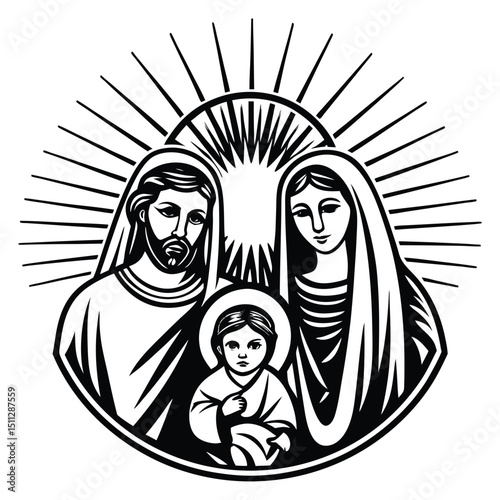 Silhouette of the Holy Family—Mary, Joseph, and baby Jesus—peacefully united under a starry night, symbolizing love, faith, and the spirit of Christmas.
