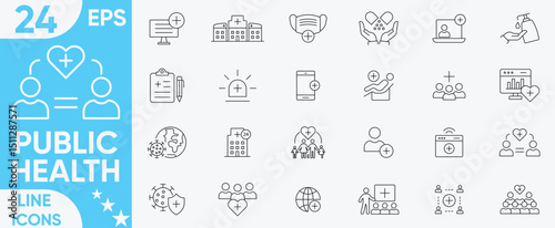 Public health icon set.Health, disease prevention, health protection, hospital services, family health, protection, medical services, health awareness, hygiene and more.Vector and illustrator set.