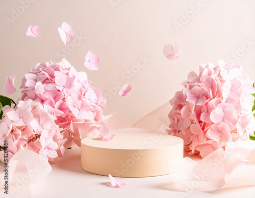 우아한 파스텔톤 수국꽃들이 있는 코스메틱 연단