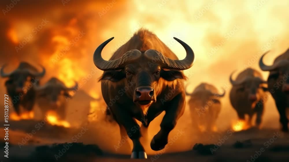 Powerful herd of buffalo running fiercely through dusty wild landscape with intense orange fire and smoke, capturing energy and spirit of natures wildlife mammal