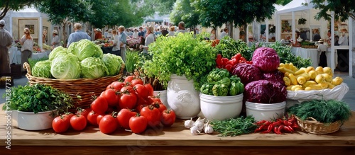 Fresh Farmers Market with Colorful Vegetables and Busy Atmosphere