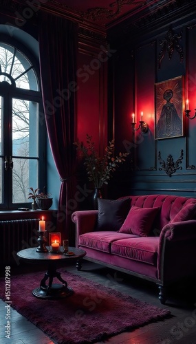 Moody, atmospheric dark decor featuring deep jewel tones, dramatic lighting, and opulent textures Perfect for interior design, Halloween, or gothic aesthetic projects , rich, halloween, mystical