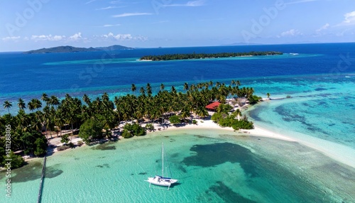 Aerial view of a tropical island paradise with crystal clear waters and sailboats