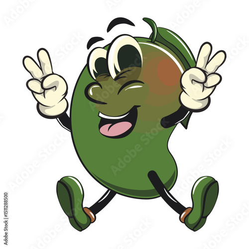 manggo retro vektor illustration mascot character with big smile raising two hands in peace sign while jumping happily, work of hand drawn