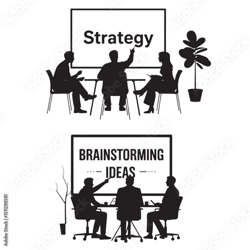 black and white vector illustrations of office workers in strategic meetings and creative brainstorming sessions in modern business environments with minimal decor