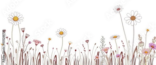 A whimsical set of line art wildflowers, daisies, and meadow grasses, perfect for botanical designs,  daisy,  spring