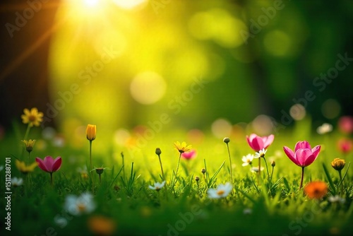 Gentle sunlight warms a lush green spring meadow, vibrant wildflowers blooming, signifying renewal and care A tranquil scene of nature's nurturing embrace , ecosystem, wildflowers, environment