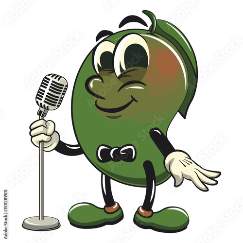manggo retro vektor illustration mascot character on front of the mic become a stand up comedian, work of hand drawn