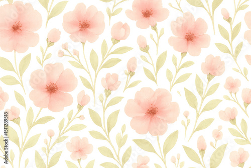 Watercolor floral pattern with soft pink blossoms and verdant leaves, creating elegant botanical design with transparent overlaying effect