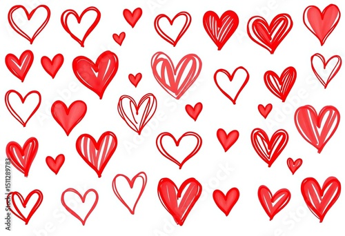 Twenty-one unique hand-drawn red hearts, isolated on white background,  art,  graphic