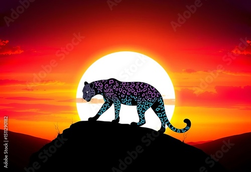Neon leopard silhouette against abstract sunset, vibrant vector art,  decoration,  colorful