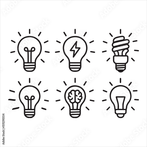 a minimalistic black and white line art illustration of various light bulb designs. Include classic incandescent bulbs, modern compact fluorescent lamps (CFLs), LED-style bulbs, and conceptual bulbs w