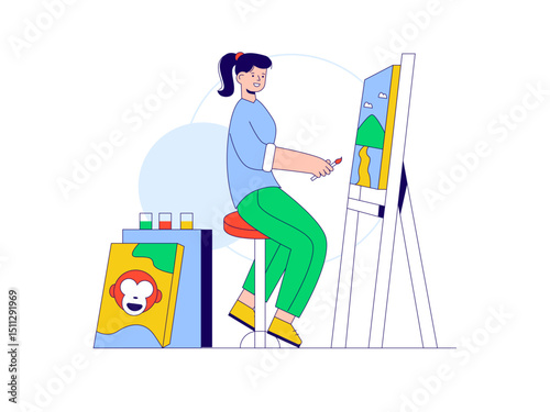 Beautiful woman focusing on painting scenery. Craft illustration. Character design. Flat vector illustration.	