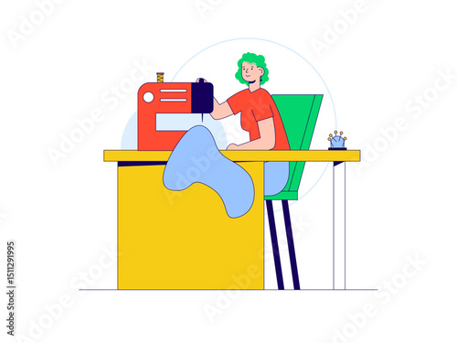 Woman sewing a shirt and dress from the fabric. Craft illustration. Character design. Flat vector illustration.	