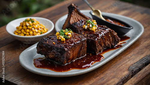 Barbecued short ribs glazed with dark sauce served on a ceramic platter with a brush of marinade and charred corn in the background on a wooden board, shot from a slight angle above