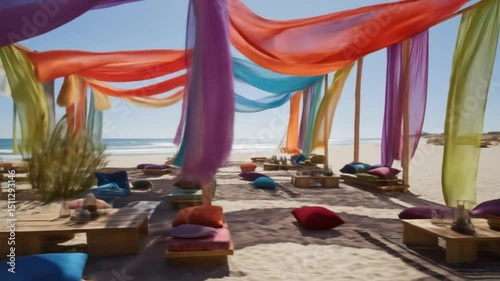 Colorful beach chairs create a vibrant market for clothing and business