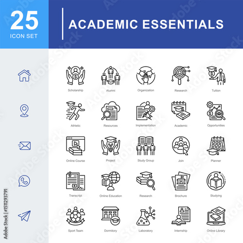 Essential academic icons covering scholarships, alumni, study groups, online courses, campus resources, and student support for a comprehensive educational experience.