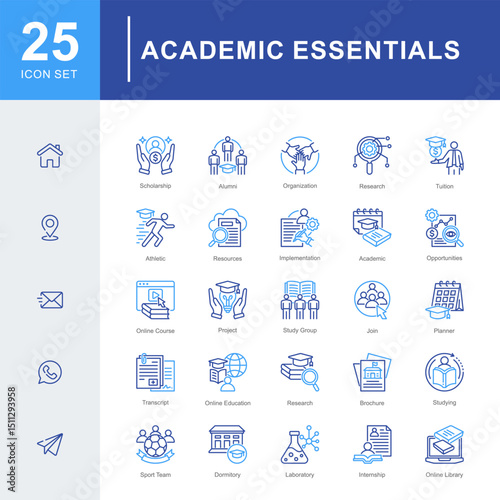 Essential academic icons covering scholarships, alumni, study groups, online courses, campus resources, and student support for a comprehensive educational experience.