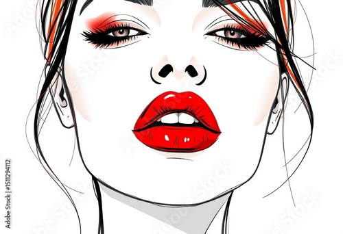 Sketch of a face with red lips, showcasing makeup and hairstyling,  hairstyle,  lips