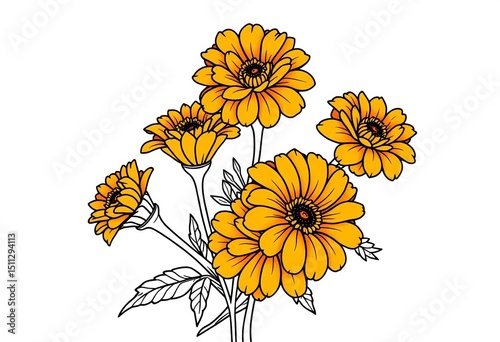 Six delicate marigold blossoms in an outline tattoo style, ready for coloring  ,  vintage,  simple