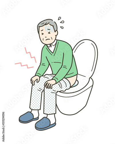 下痢や便秘による腹痛でトイレに篭り苦しむ高齢男性のイラスト