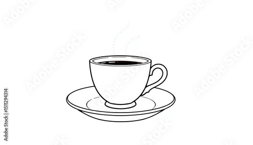 Simple line drawing of a coffee cup and saucer , icon, clean