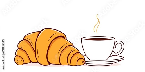 Simple line art drawing of croissant and coffee cup , design element, flat lay