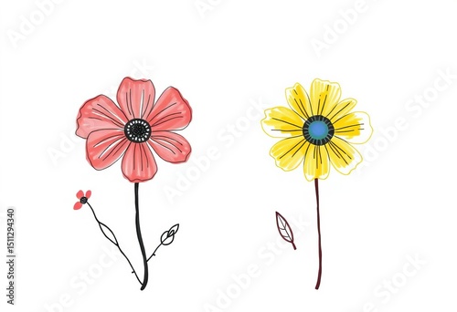 Simple hand-drawn floral sketches; ink, gouache, dry brush Minimalist style, isolated on white Ideal for cosmetics, kids' education,  pattern, ink