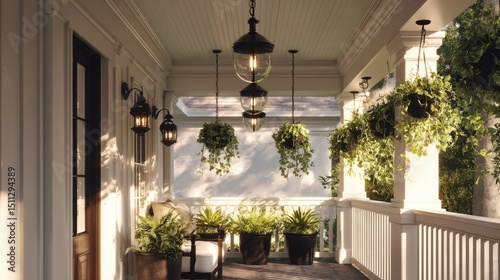 Elegant white porch with plants and lighting