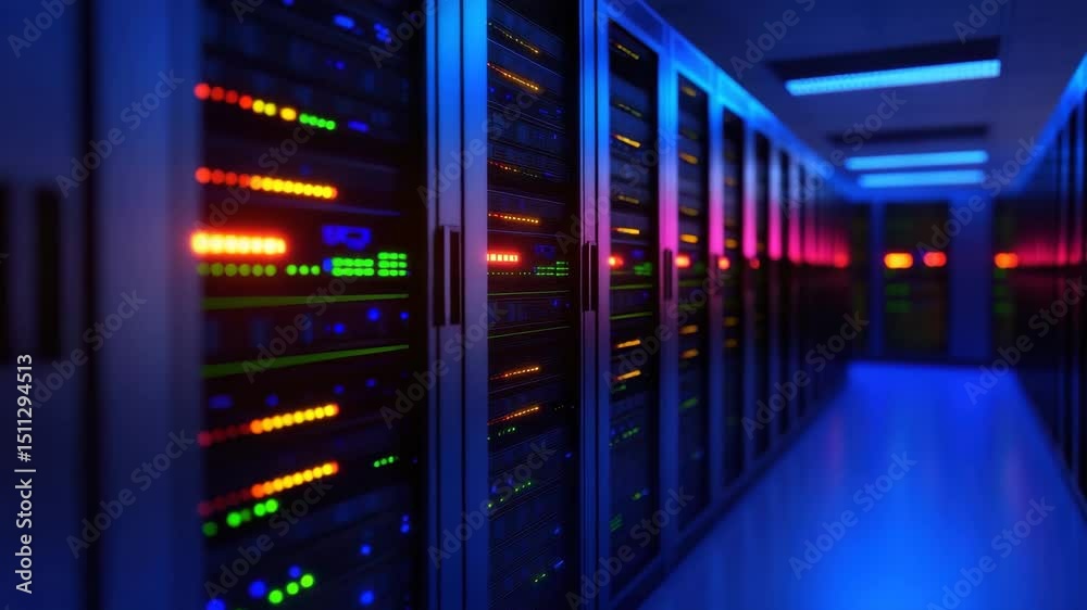 Modern data center server racks with colorful LED lights glowing, showcasing advanced technology, computer hardware, network systems, and digital storage in futuristic environment