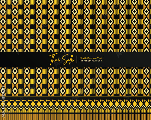 Decorative seamless pattern background. Inspired by North Eastern Thai silk pattern style called "Sin Mak Bok". Colored in black and gold.