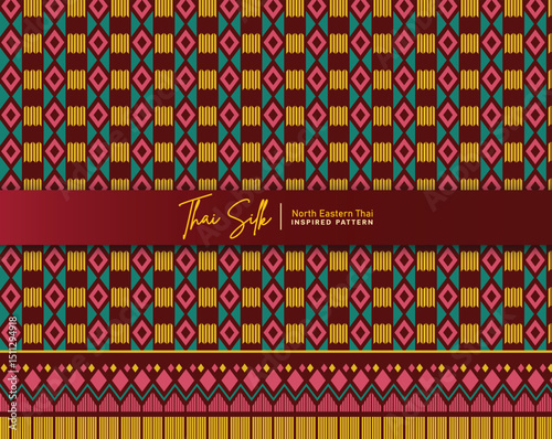 Decorative seamless pattern background. Inspired by North Eastern Thai silk pattern style called "Sin Mak Bok". Colored in traditional red, cyan, and gold.