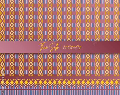 Decorative seamless pattern background. Inspired by North Eastern Thai silk pattern style called "Sin Mak Bok". Colored in taditional pink and blue.