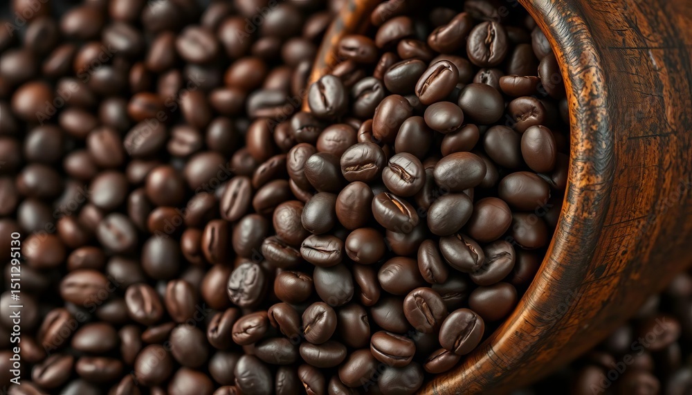 Fototapeta premium Close-up of dark roasted coffee beans overflowing from a rustic mug, home, delicious