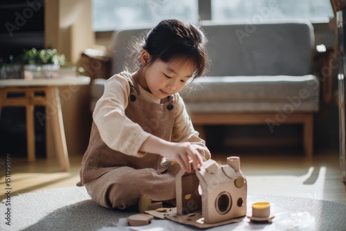 Little Korean Girl Engaged in Creative Playtime at Home with Cardboard Toy House and Cardboard Blocks Pieces