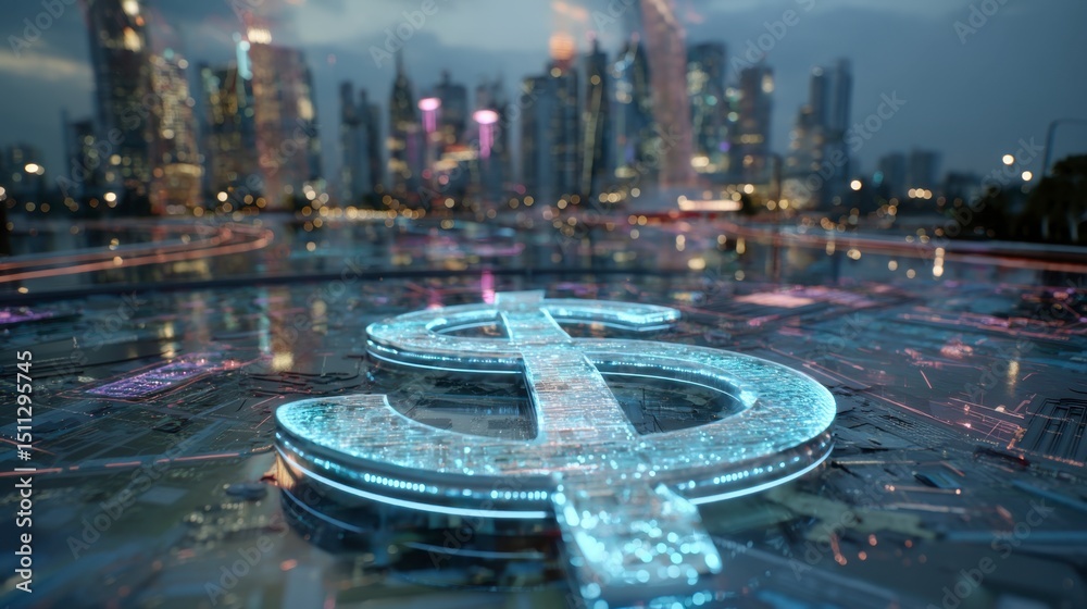 Fototapeta premium Dollar sign in night cityscape