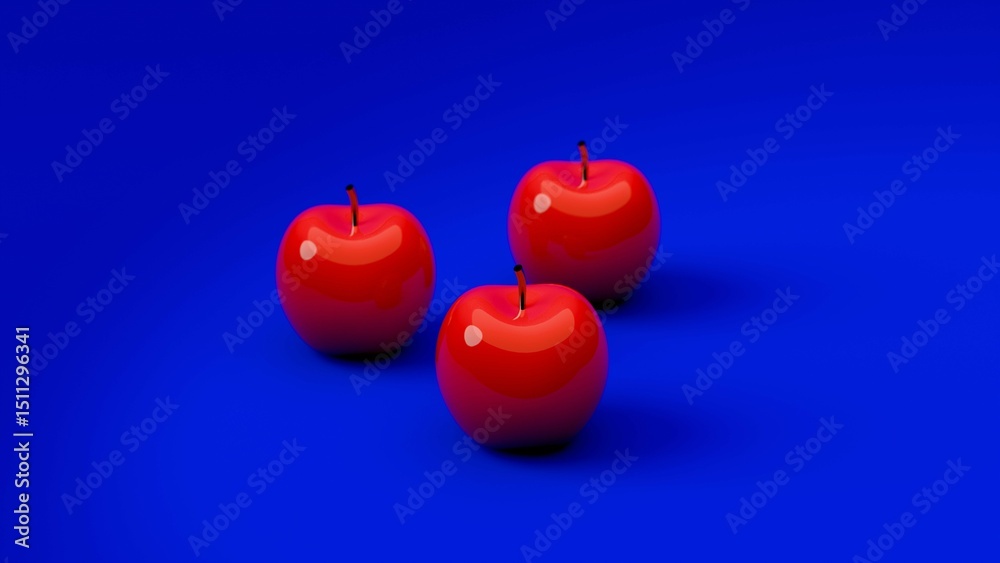 Obraz premium Three red apples on solid blue background....