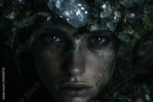a woman with a leafy headpiece on her head