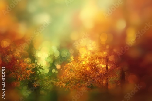 Dreamy autumnal forest scene, bokeh effect, warm colors, blurred background, vibrant foliage, sunlit canopy