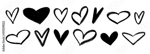 Black crayon hand drawn hearts set. Childish doodled heart collection. Grunge rough brush stroke romance love element pack for collage, poster, sticker. Sketched wax pencil symbols. Vector